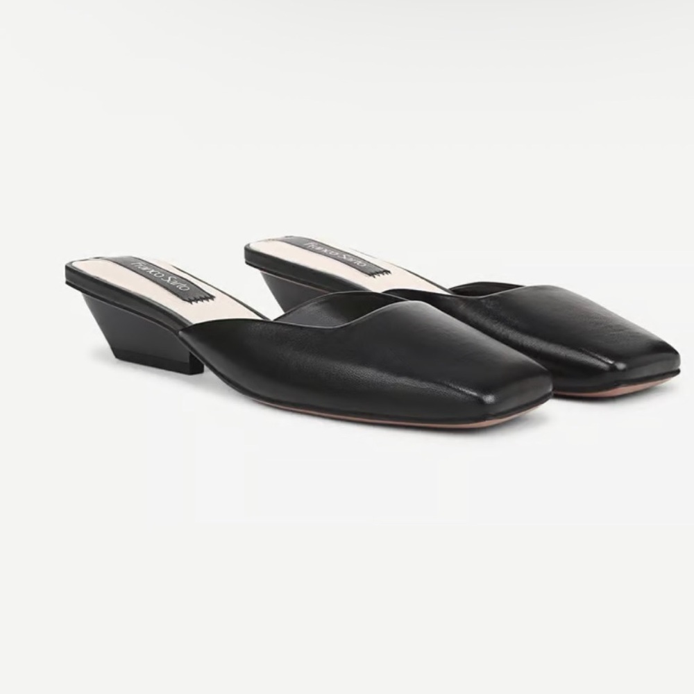 Franco Sarto Nicola Classic Black Leather Low Block Heel Mules